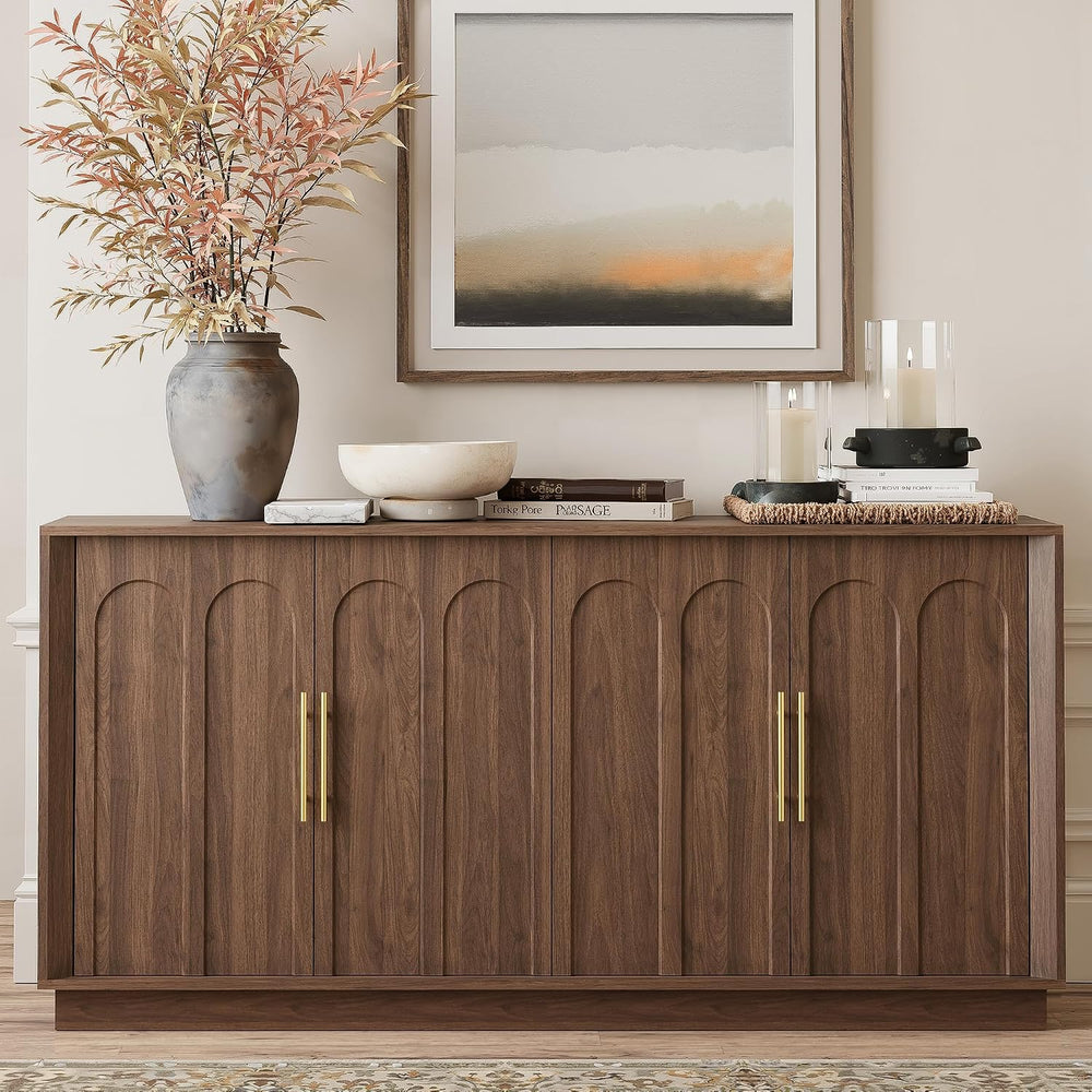FORTUNETEC 67" Sideboard Buffet Cabinet with Storage, Arched Doors, Walnut