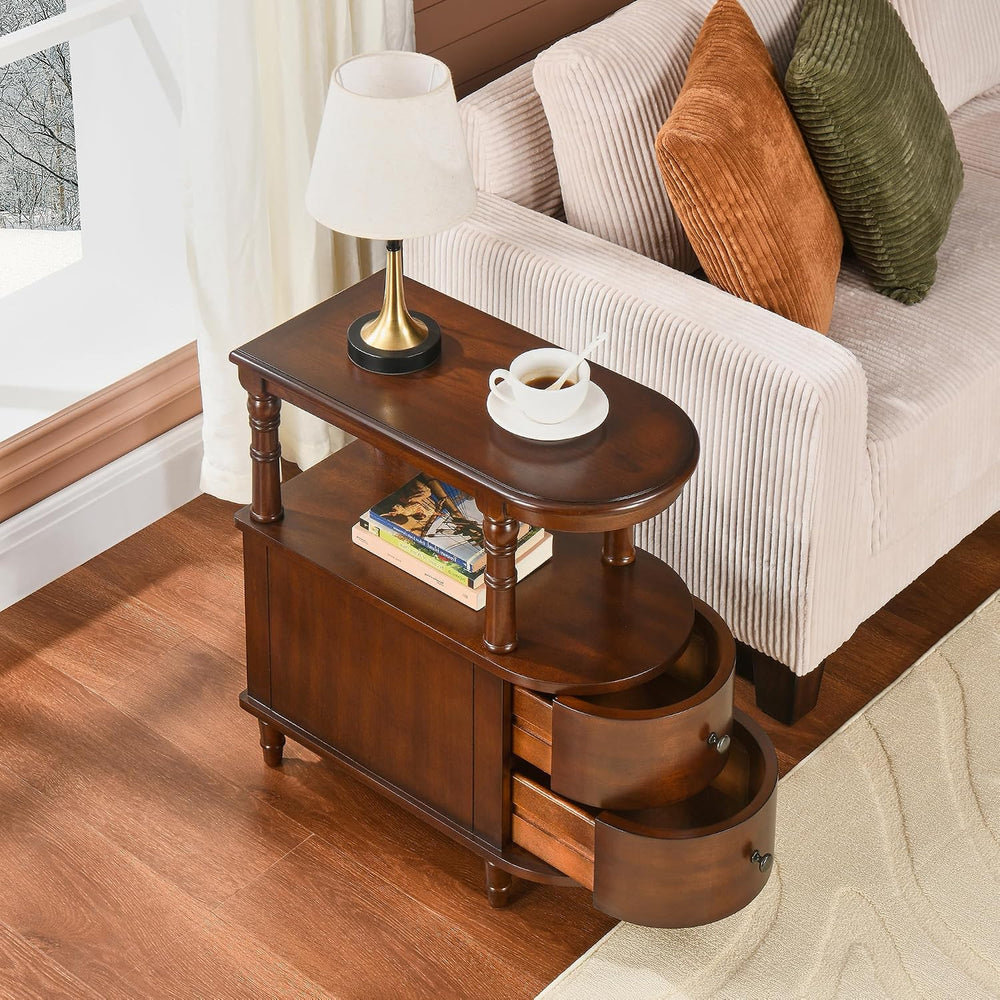 Biaco Solid Wood End Table with 2 Drawers & Shelf - Cherry Walnut Vintage...