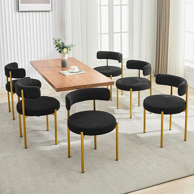 Boucle Dining Chairs Set of 2, Mid Century Modern Dining Room Chairs with Barrel Backrest, Upholstered Black Kitchen Chairs for Dining Room, Restaurant, Gold Metal Frame
