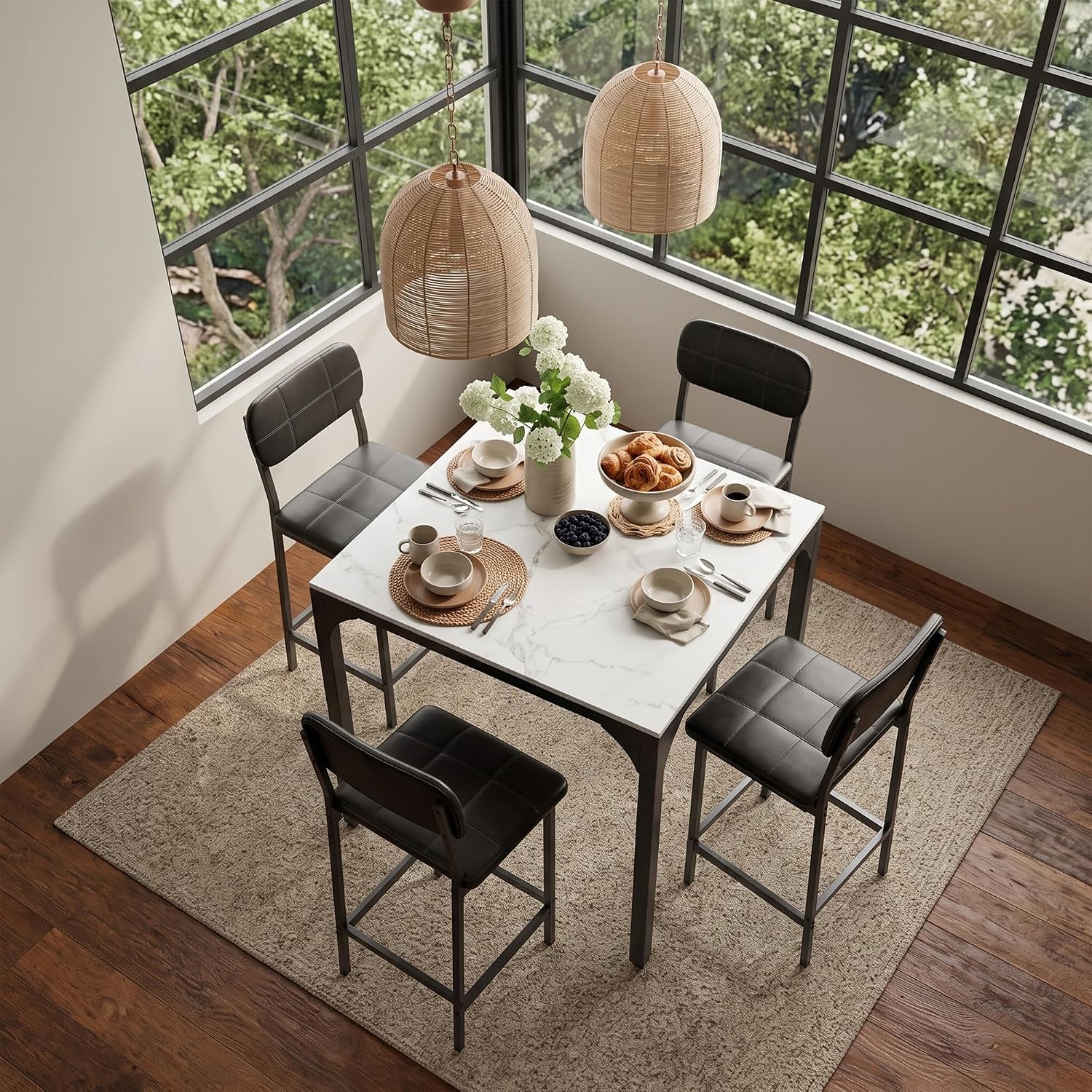 XIAO WEI 5-Piece Counter Height Dining Table Set for 4, Marble-Look, Black | Counter height table, Dining table set for 4, Wide padded chairs, Marble-look top, Space-saving tuck-away frame