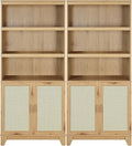 Manhattan Comfort Sheridan Modern Cane Bookcase with Adjustable Open Shelves, Soft Close Doors, and Concealed Compartments, Versatile 3 Tier Bookshelf Storage for Home and Office, Set of 2, Nature