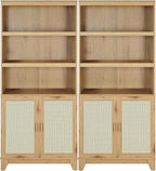 Manhattan Comfort Sheridan Modern Cane Bookcase with Adjustable Open Shelves, Soft Close Doors, and Concealed Compartments, Versatile 3 Tier Bookshelf Storage for Home and Office, Set of 2, Nature