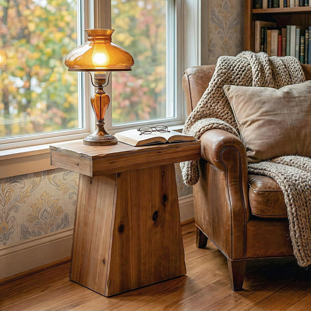 Solid End Table, 23.6" Wood Side Table with Trapezoid Base for Small Spa...