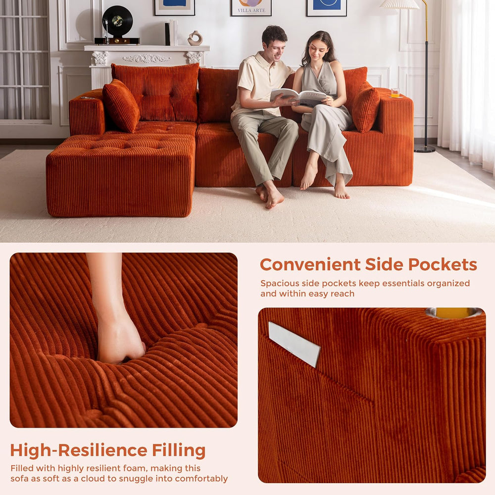 MAXYOYO Couch, L-Shaped Modular Cloud Couch, 4-Seat Sofa, Ottoman | Orange Tu...