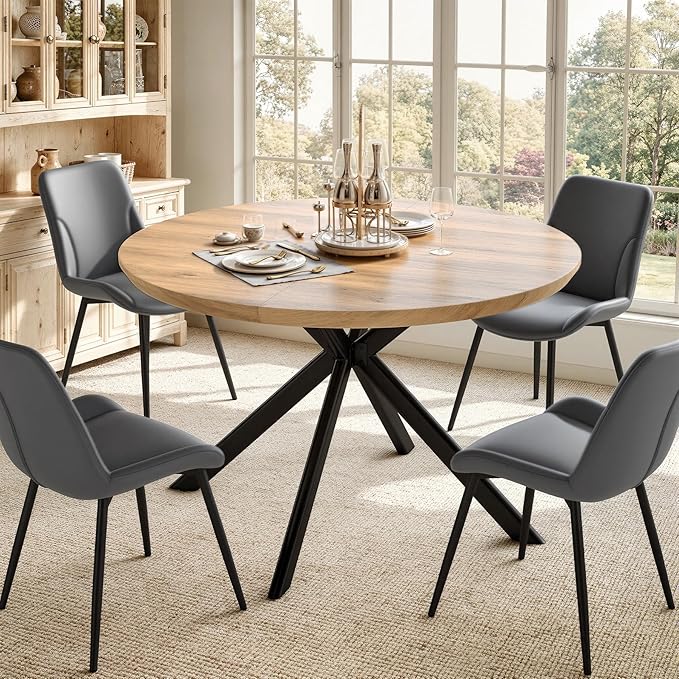 47.2" 5-Piece Round Dining Table Set for 4, Modern Wood Dining Table with 4 Upholstered Chairs, Kitchen & Dining Room Table Set with Metal Base for Apartment, Small Space, Natural Table+4 Grey Chairs