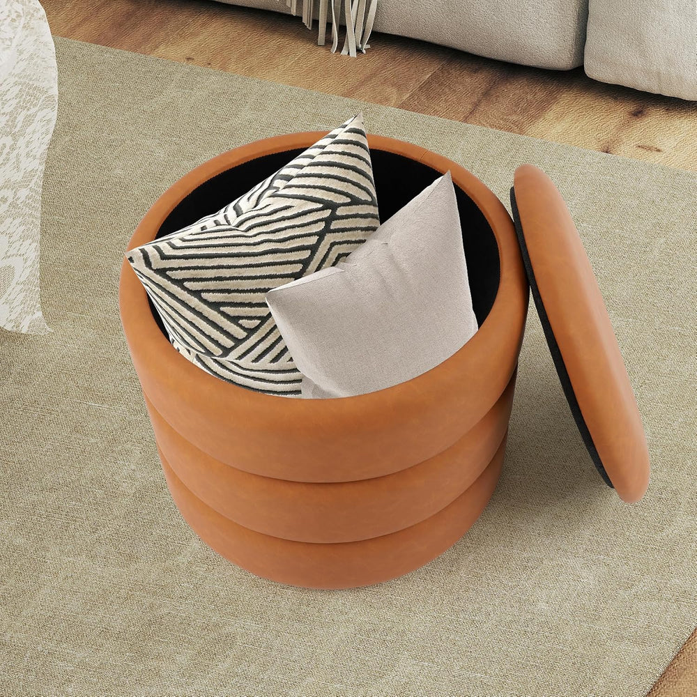 DAGONHIL Round Ottoman with Storage, PU Leather Footrest, Hidden Storage Otto...