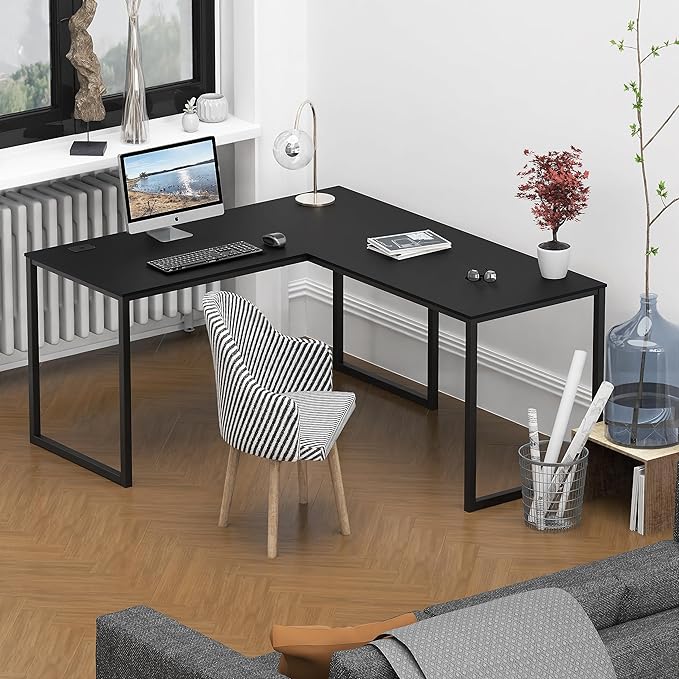 SHW Mission 55 x 60 Inches L-Shape Home Office Computer Desk, Black