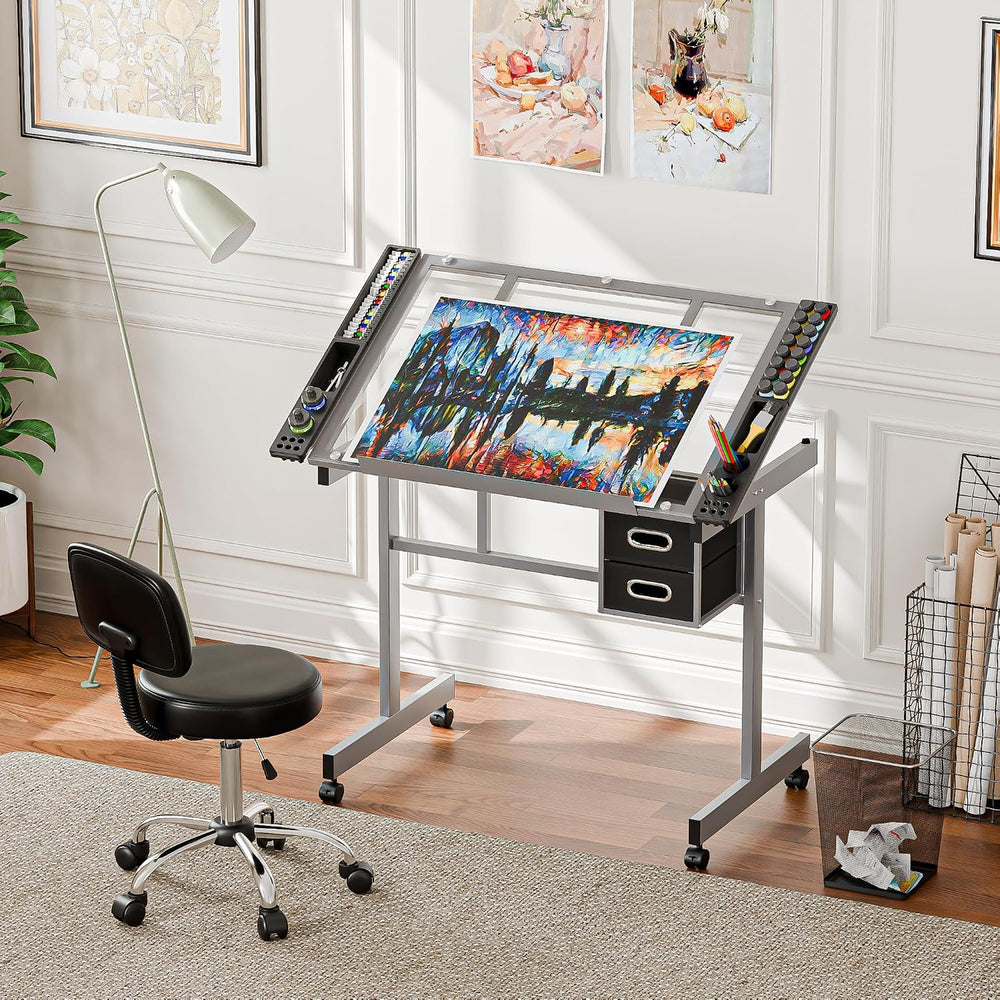 ZENY Glass Drafting Table for Artists | Mobile Rolling Drawing Desk with Adju...