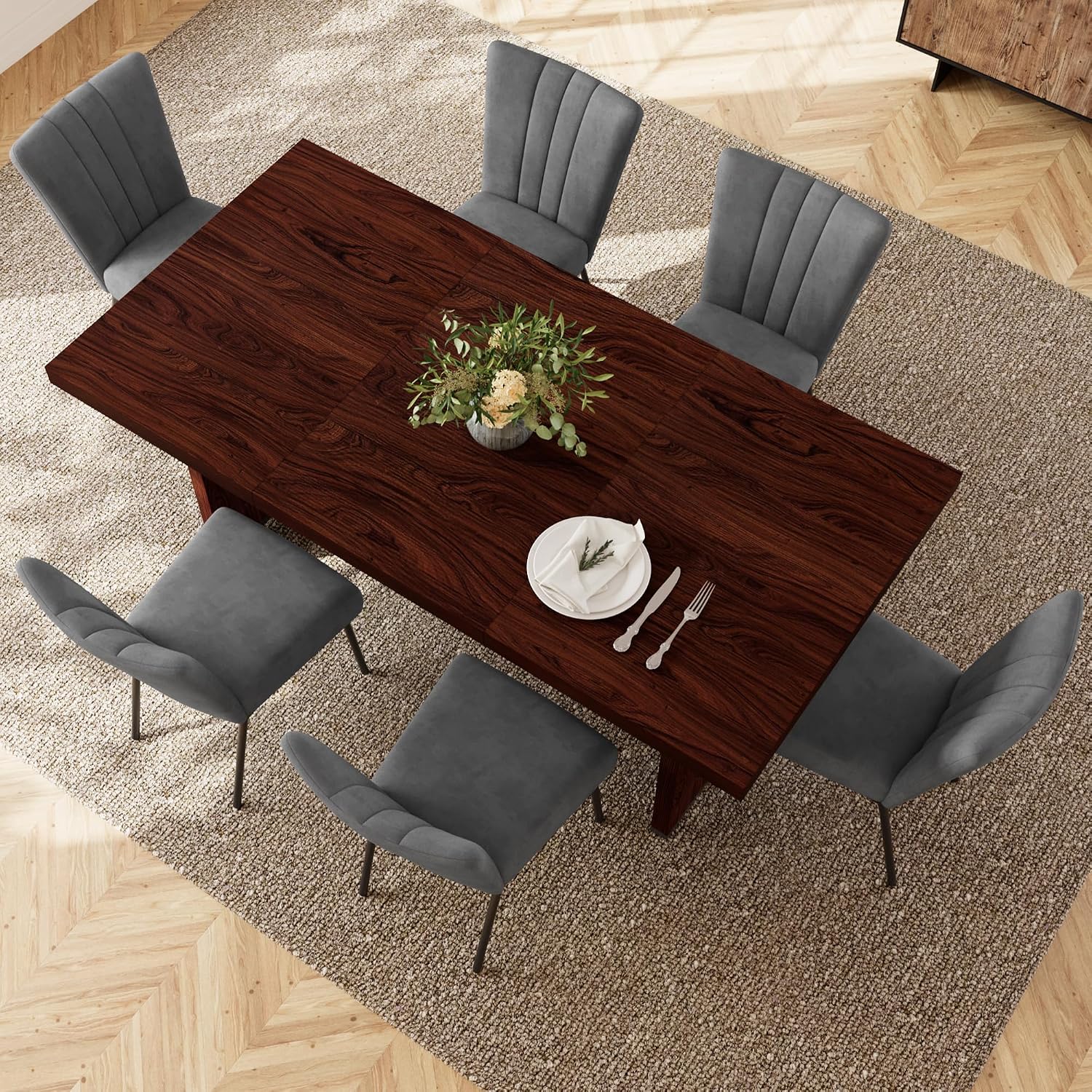 HIPIHOM 7-Piece Dining Table Set for 6, Walnut Table with 6 Grey Chairs | Thick MDF Tabletop, Rectangle Kitchen Table Set with Metal Legs for Breakfast Nook, Dining Room, Kitchen, Apartment