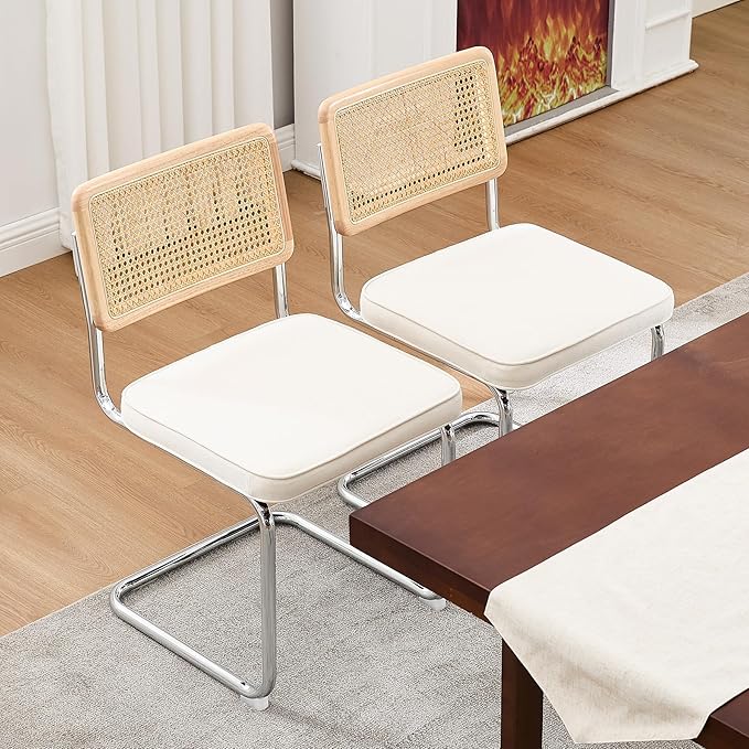 Zesthouse Rattan Dining Chairs Set of 4, White Cesca Chairs with Natural Cane Mesh & Stainless Chrome Base, Mid Century Modern Dining Room Chair, Upholstered Linen Kitchen Chair with Solid Wood Back