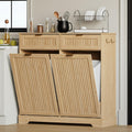 2 x 13 Gallons Double Tilt Out Trash Can Cabinet, Wooden Fluted Trash Garbage Can Cabinet with 2 Drawers, Hidden Laundry Hamper with Hooks for Kitchen Living Room, Natural Oak