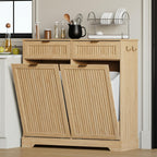 2 x 13 Gallons Double Tilt Out Trash Can Cabinet, Wooden Fluted Trash Garbage Can Cabinet with 2 Drawers, Hidden Laundry Hamper with Hooks for Kitchen Living Room, Natural Oak