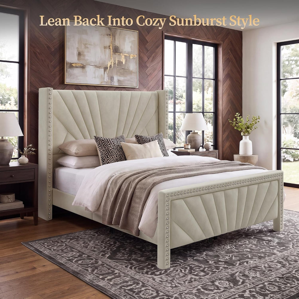 Queen Bed Frame 55" Velvet Upholstered Platform Bed, Art Deco, Cream White