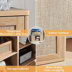 LEYAOYAO Rattan TV Stands for Living Room, Boho TV Cabinet with Storage and Open Shelf, Rustic Wood Entertainment Center, Media Console for 50-65 Inch TV, Natural Wood