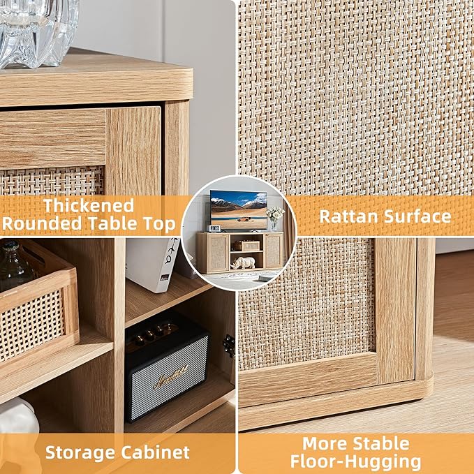 LEYAOYAO Rattan TV Stands for Living Room, Boho TV Cabinet with Storage and Open Shelf, Rustic Wood Entertainment Center, Media Console for 50-65 Inch TV, Natural Wood