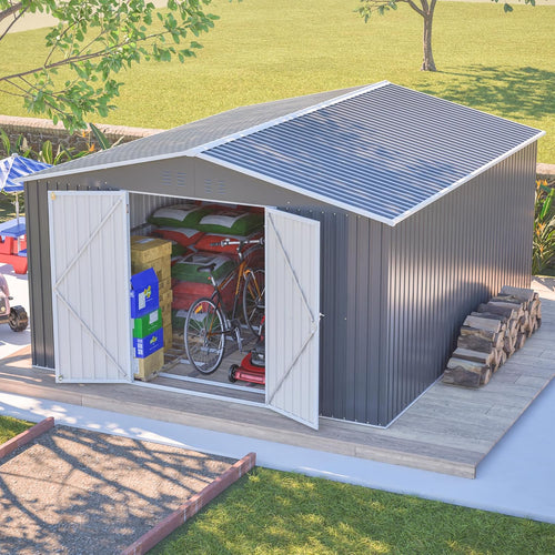 11x13 FT Outdoor Metal Storage Shed with Floor Frame, 140.5 sq.ft Heavy-Duty Garden Tool Shed with Double Doors, Waterproof Roof, All-Weather Steel Utility Shed for Backyard, Lawn, Patio