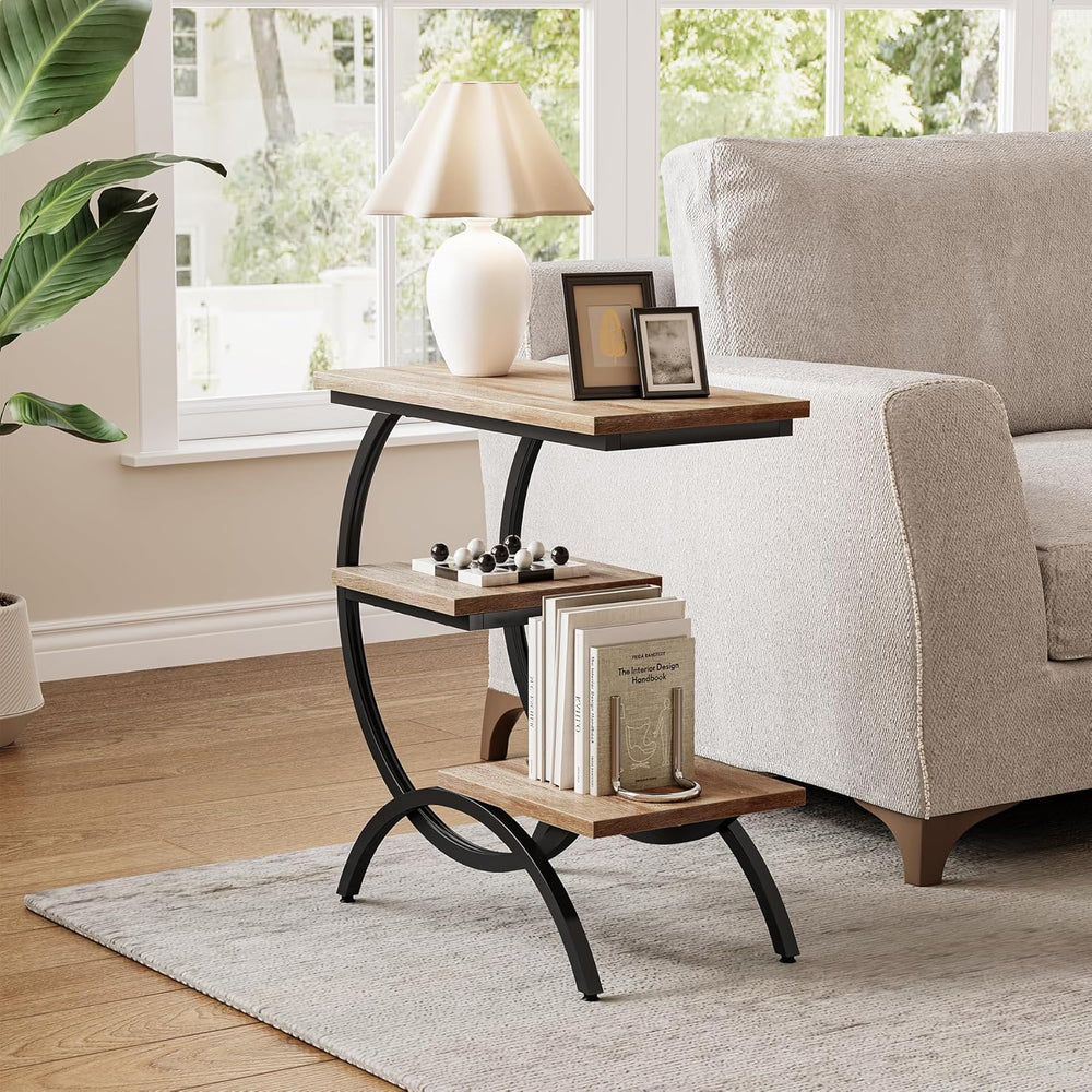 LITTLE TREE End Table, Narrow End Table with 3 Storage Shelves, Industrial C-...
