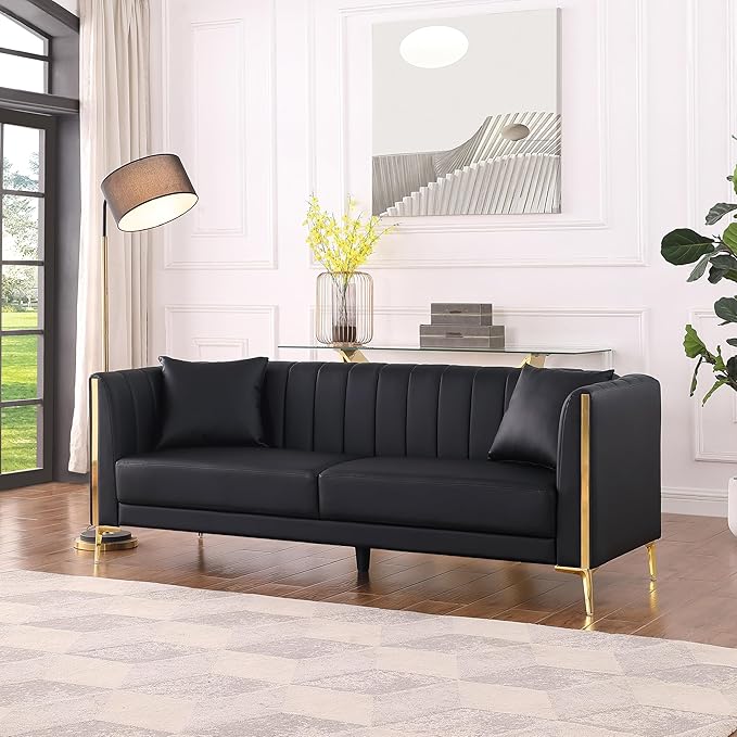 FOTOSOK Black Leather Couch Sofa, Office Couches for Living Room, 78'' Apartment Faux Leather Sofa with 2 Throw Pillows and Gold Metal Legs, Waterproof 3 Seater Couches for Small Living Room