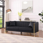 FOTOSOK Black Leather Couch Sofa, Office Couches for Living Room, 78'' Apartment Faux Leather Sofa with 2 Throw Pillows and Gold Metal Legs, Waterproof 3 Seater Couches for Small Living Room