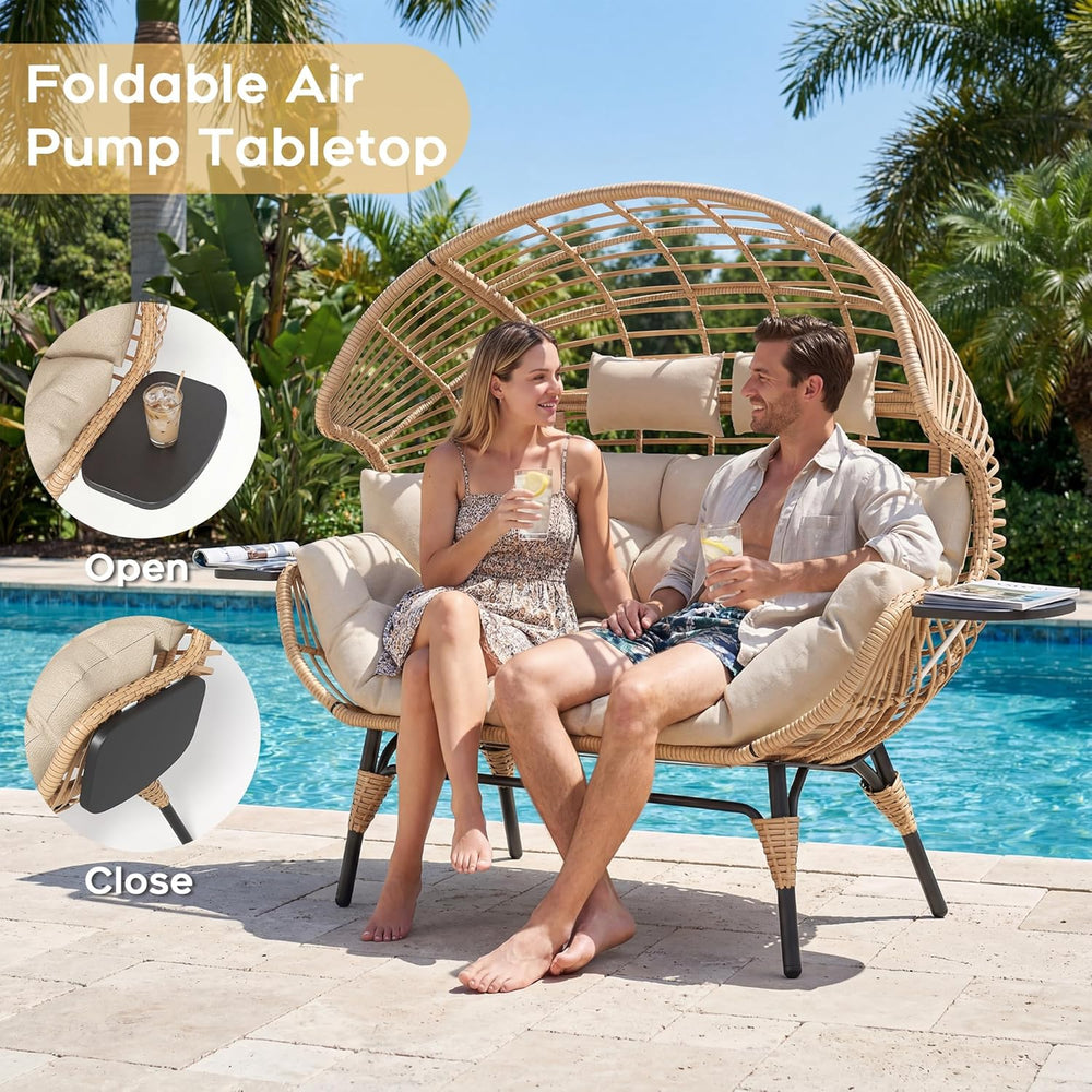 Double Wicker Egg Chair Outdoor Indoor - 2-Person Oversized Loveseat with 8&q...