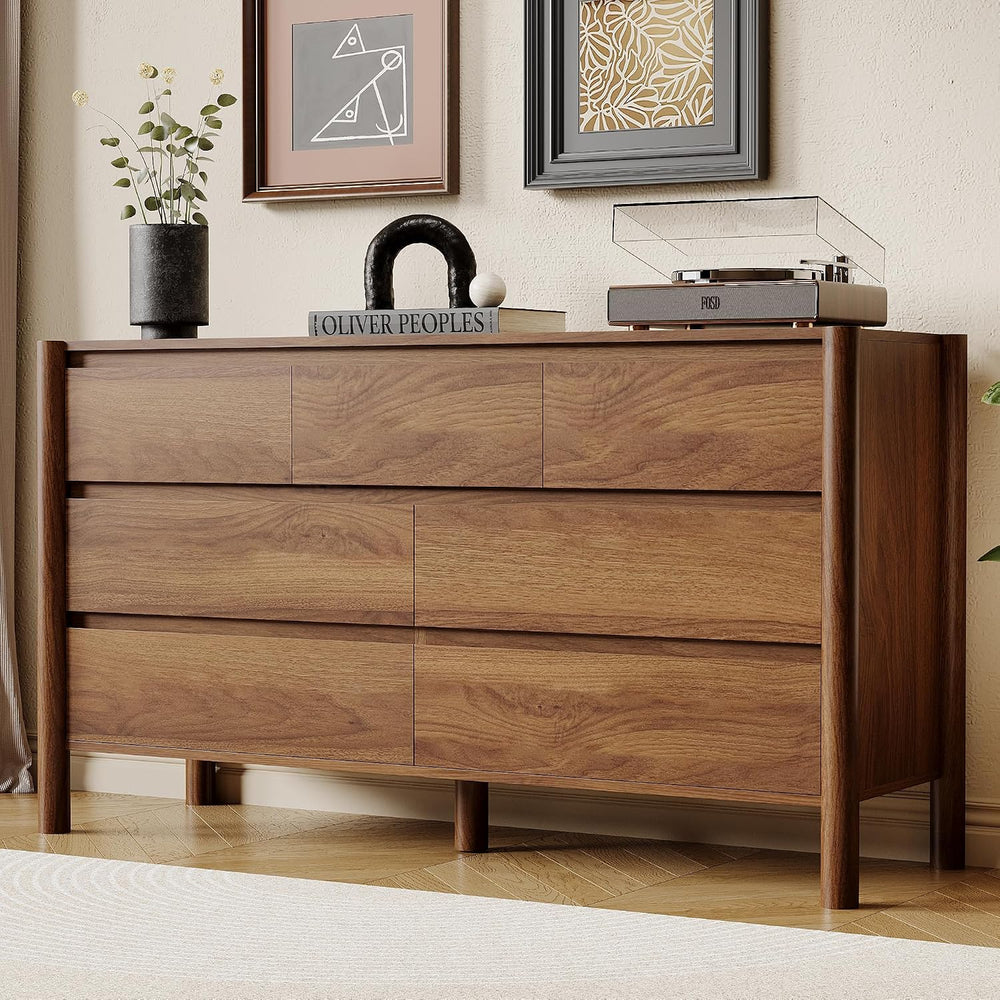 Walnut Dresser for Bedroom,51"Wide 7 Drawer Mid Century Modern Chest