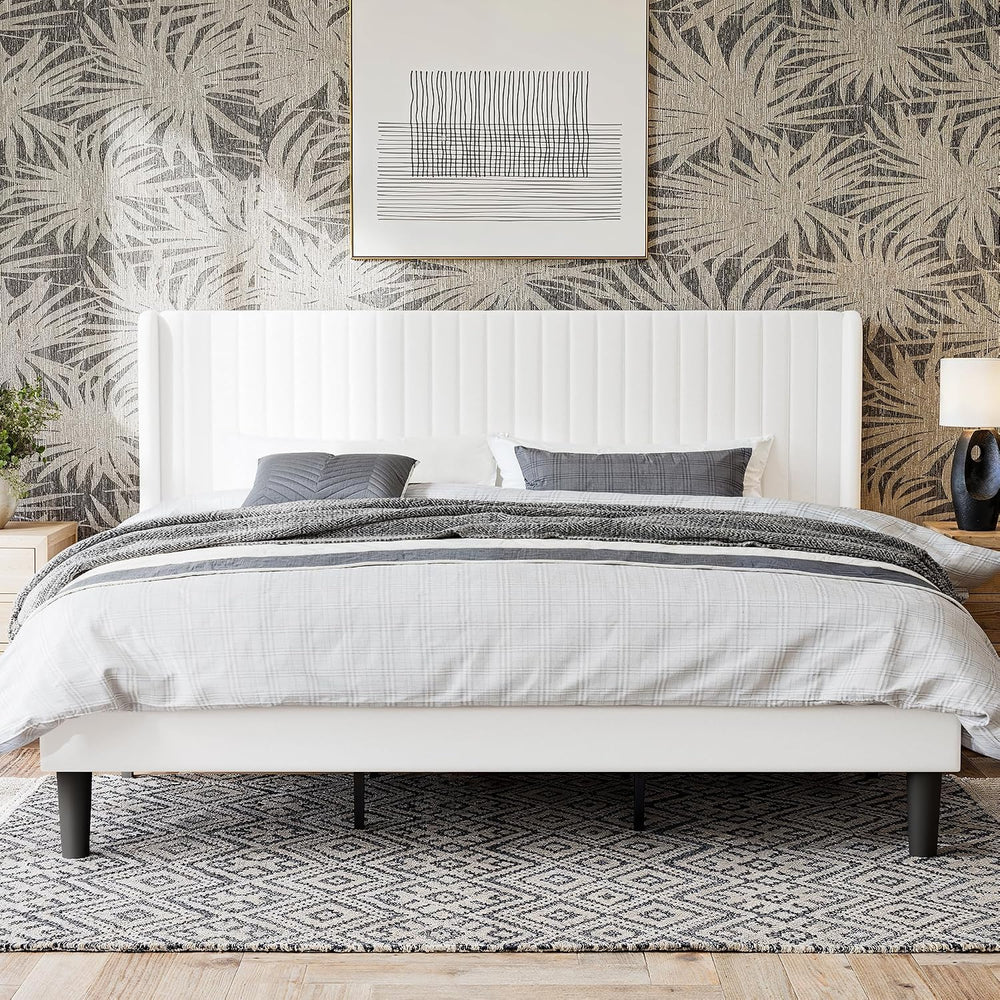 GOLDORO Upholstered King Size Bed Frame with Wingback Headboard, White