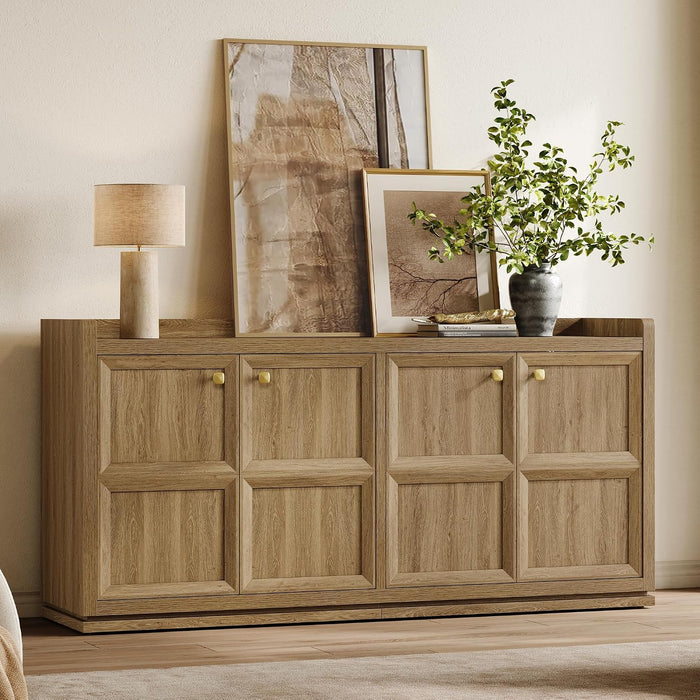 SICOTAS 61.7" Buffet Cabinet 4-Door Sideboard Kitchen Living Room Brown Oak