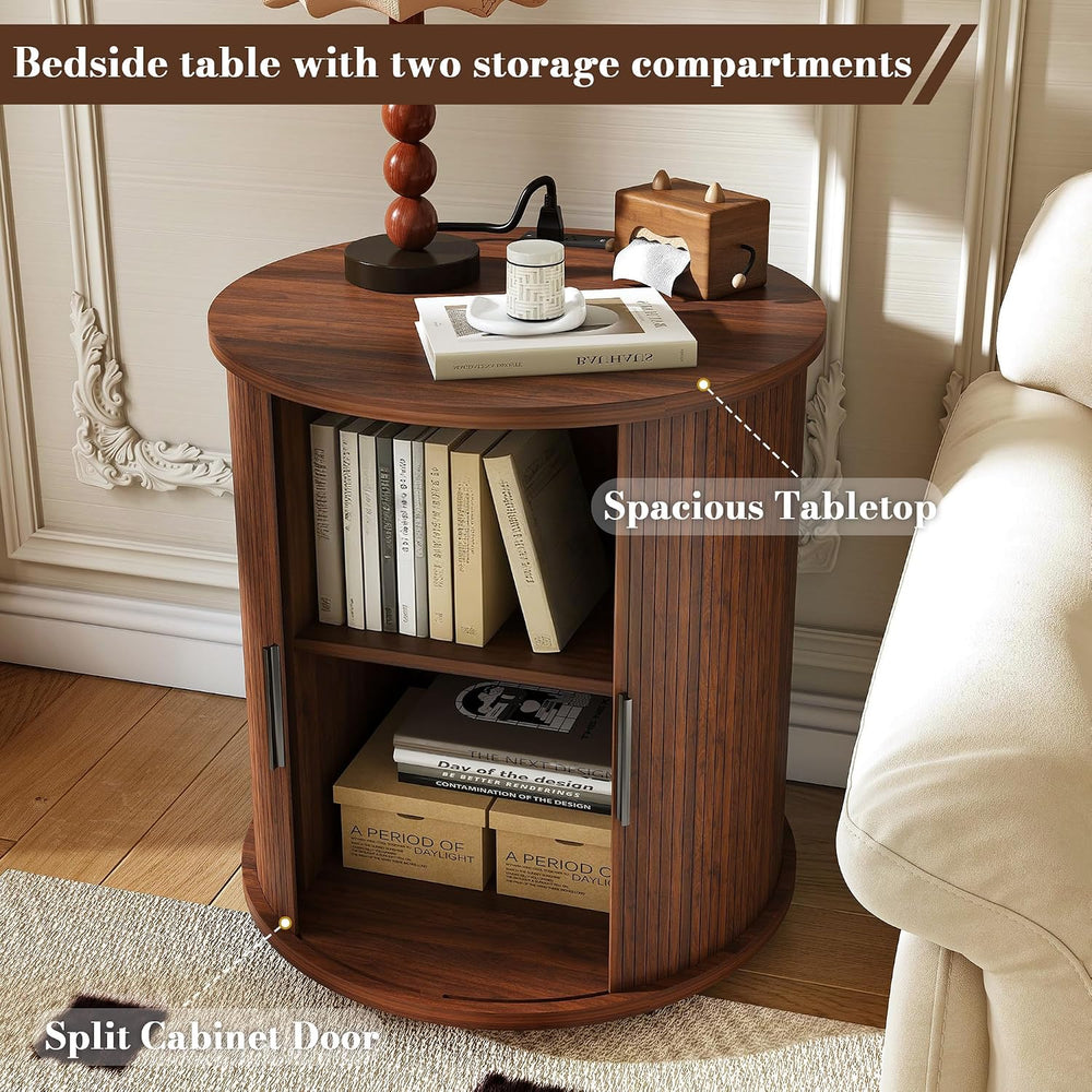 Walnut Nightstand Set of 2 with Charging Station, Mid-Century Round | Each ta...