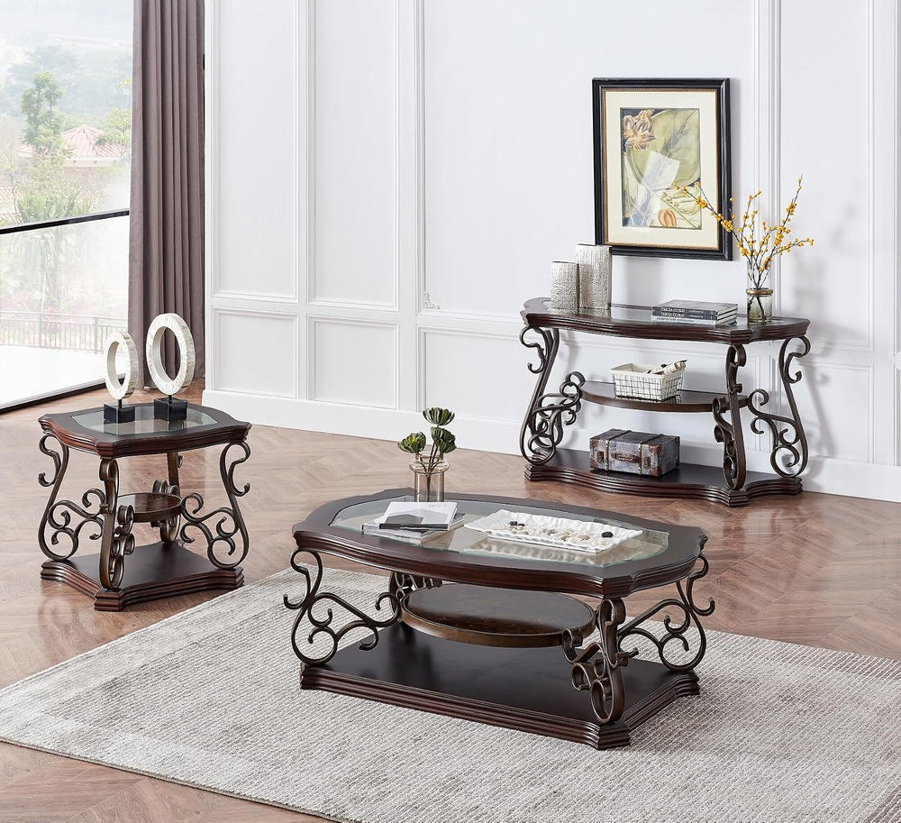 Henf 3 Piece Living Room Table Set, Retro Brown Coffee Table with 2 End Table...