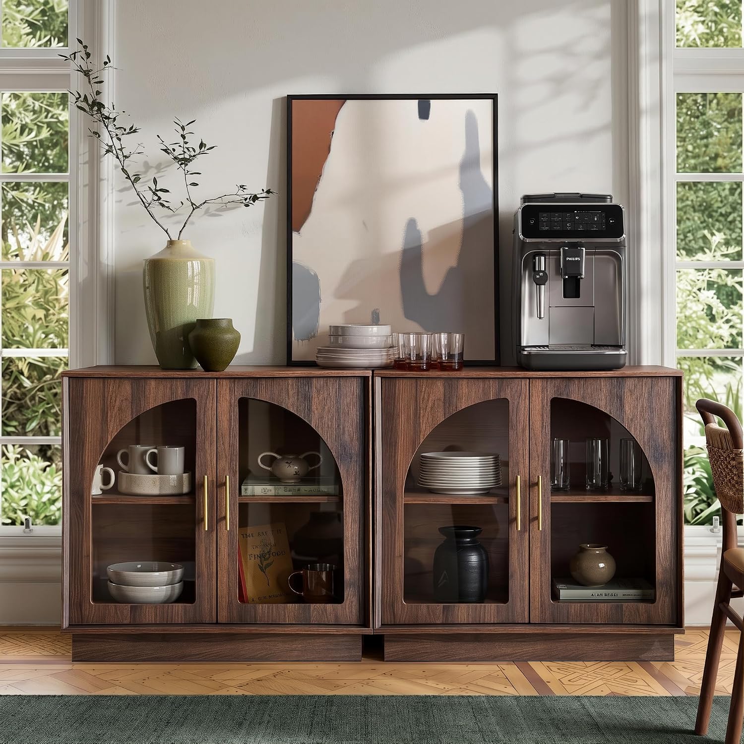 FORTUNETEC 31.5" Sideboard Buffet Cabinet with Arched Glass Doors Set of 2 | Modern Accent Cabinet, Modular Media Console with Storage, Adjustable Shelves, for Living Dining Room Entryway, Dark Walnut
