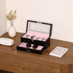ROTHWELL 4-Slot Piano Black Watch Box with Valet Drawer - Premium Jewelry Display Case Organizer with Locking Glass Top and Microsuede Liner for Men & Women (Pink Interior)