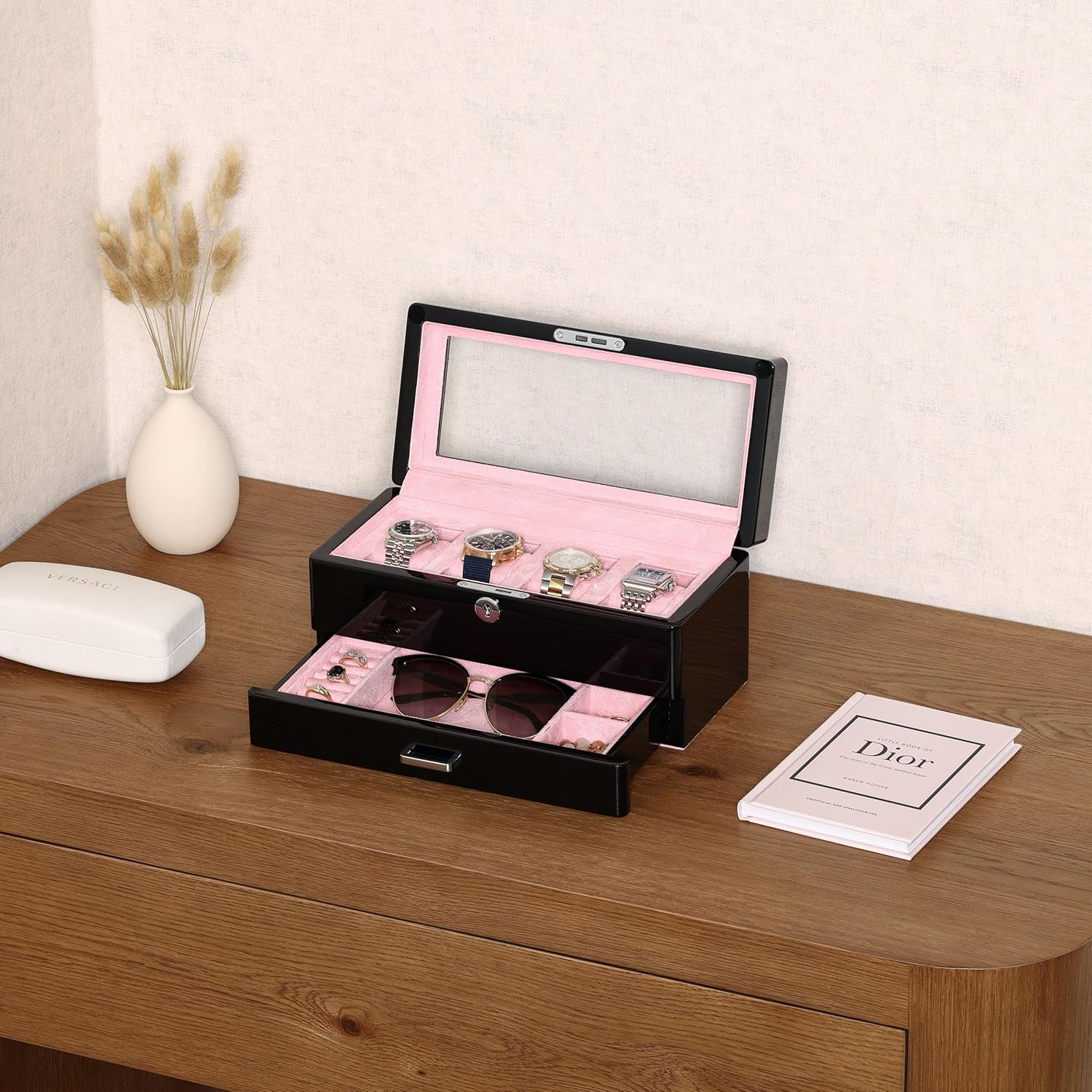 ROTHWELL 4-Slot Piano Black Watch Box with Valet Drawer - Premium Jewelry Display Case Organizer with Locking Glass Top and Microsuede Liner for Men & Women (Pink Interior)