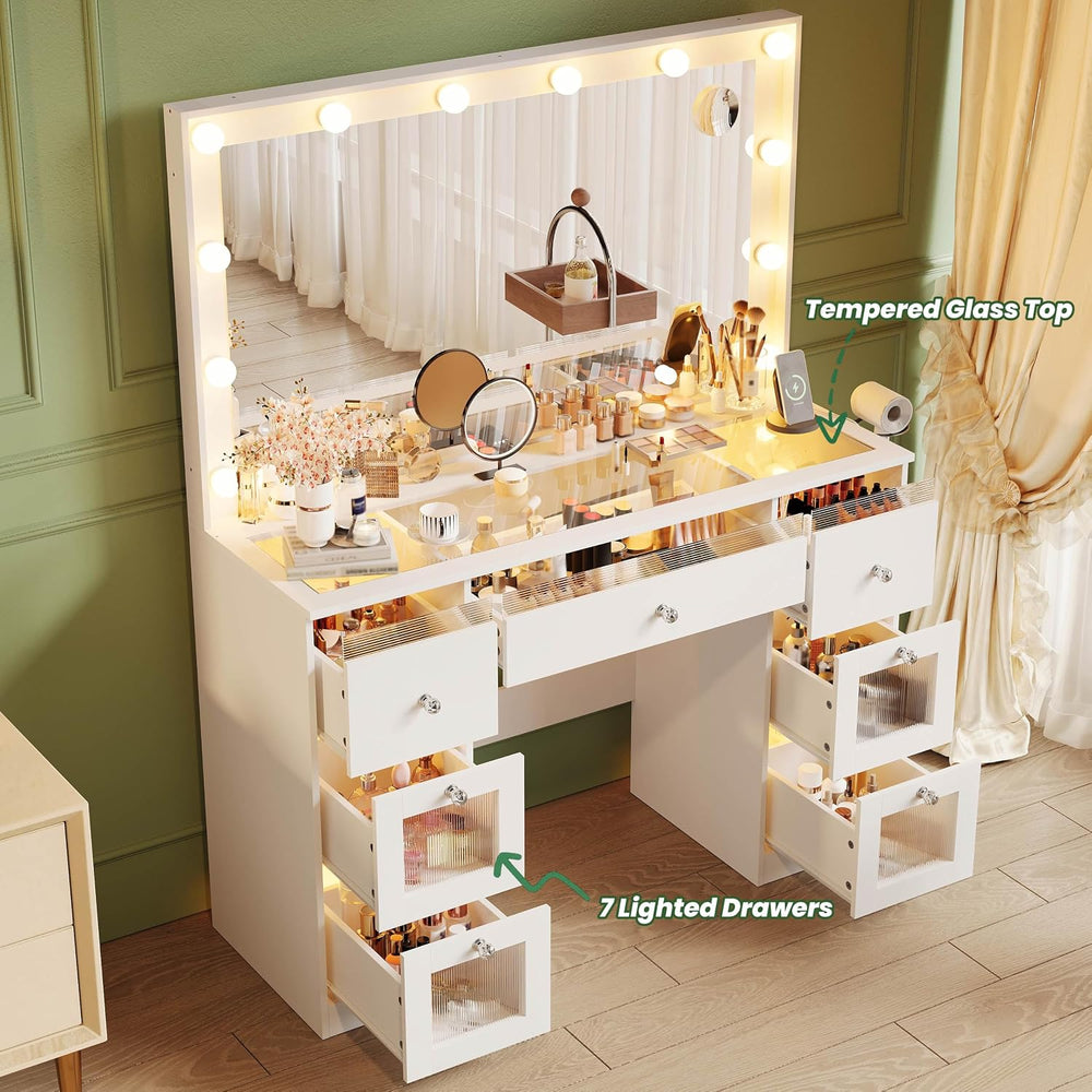 Glass Top Vanity Desk, Makeup Vanity Desk White Dressing Table 36.9" Mir...