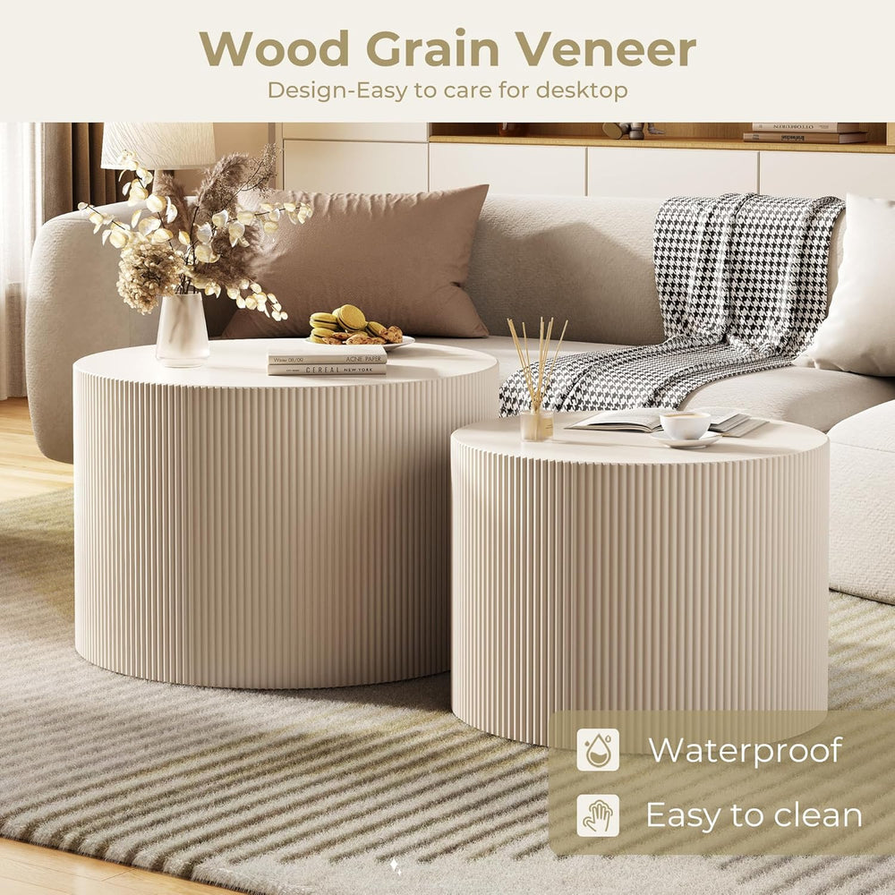 Round Coffee Table Set of 2, Modern Wooden Beige Nesting Coffee Tables for Li...