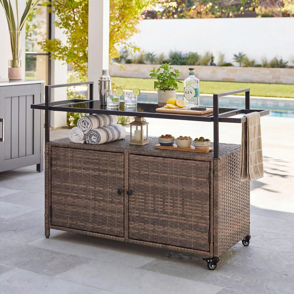 51.2" Wicker Outdoor Bar Cart - Brown Patio Console Storage Table Buffet...