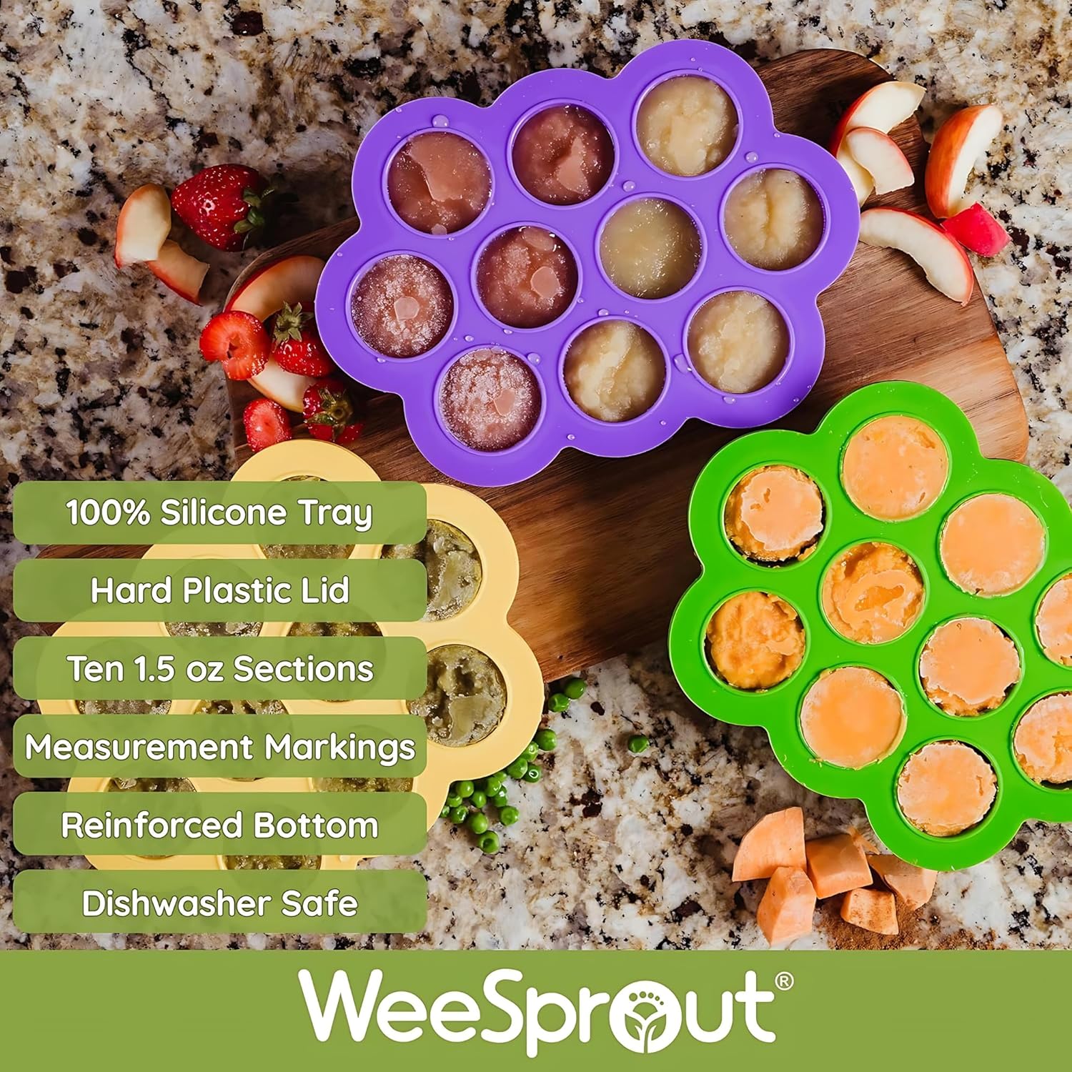 WeeSprout Silicone Baby Food Freezer Tray with Clip-on Lid - Perfect Storage Container for Homemade Baby Food, Vegetable & Fruit Purees, and Breast Milk (Navy, Ten 1.5 Ounce Sections)