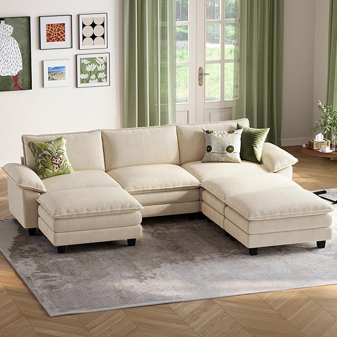 LINSY HOME Modular Sectional Sofa - 123 Inch Oversized Corduroy Cloud Couch with Movable Ottoman Soft Modern Comfy Sofa Set for Living Room Apartment Office, Beige