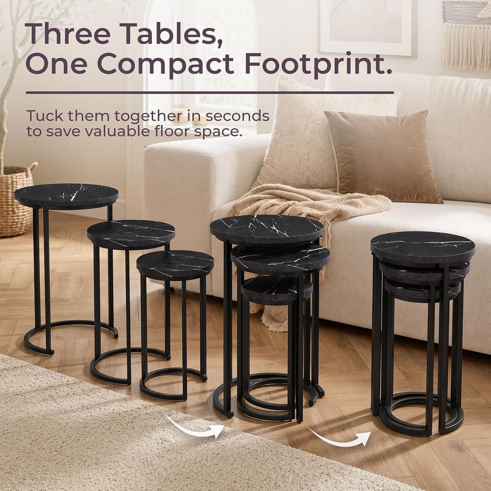 Lavish Home Round Nesting Tables Set of 3, Faux Marble Tabletop, Black