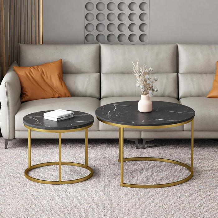27.56 inch Small Round Nesting Coffee Table Set of 2 for Living Room, Wood Grain Faux Marble Modern Stacking Circle Coffee Table Side Table End Table with Metal Frame for Bedroom（Black Gold