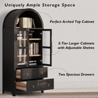71" Tall Arched Kitchen Pantry Cabinet with 2 Large Drawers,Farmhouse Kitchen Storage Cabinets with Adjustable Shelves,Glass Door,Wood Versatile Cupboard for Kitchens,Dining Room,Bathroom (Black--@QW)