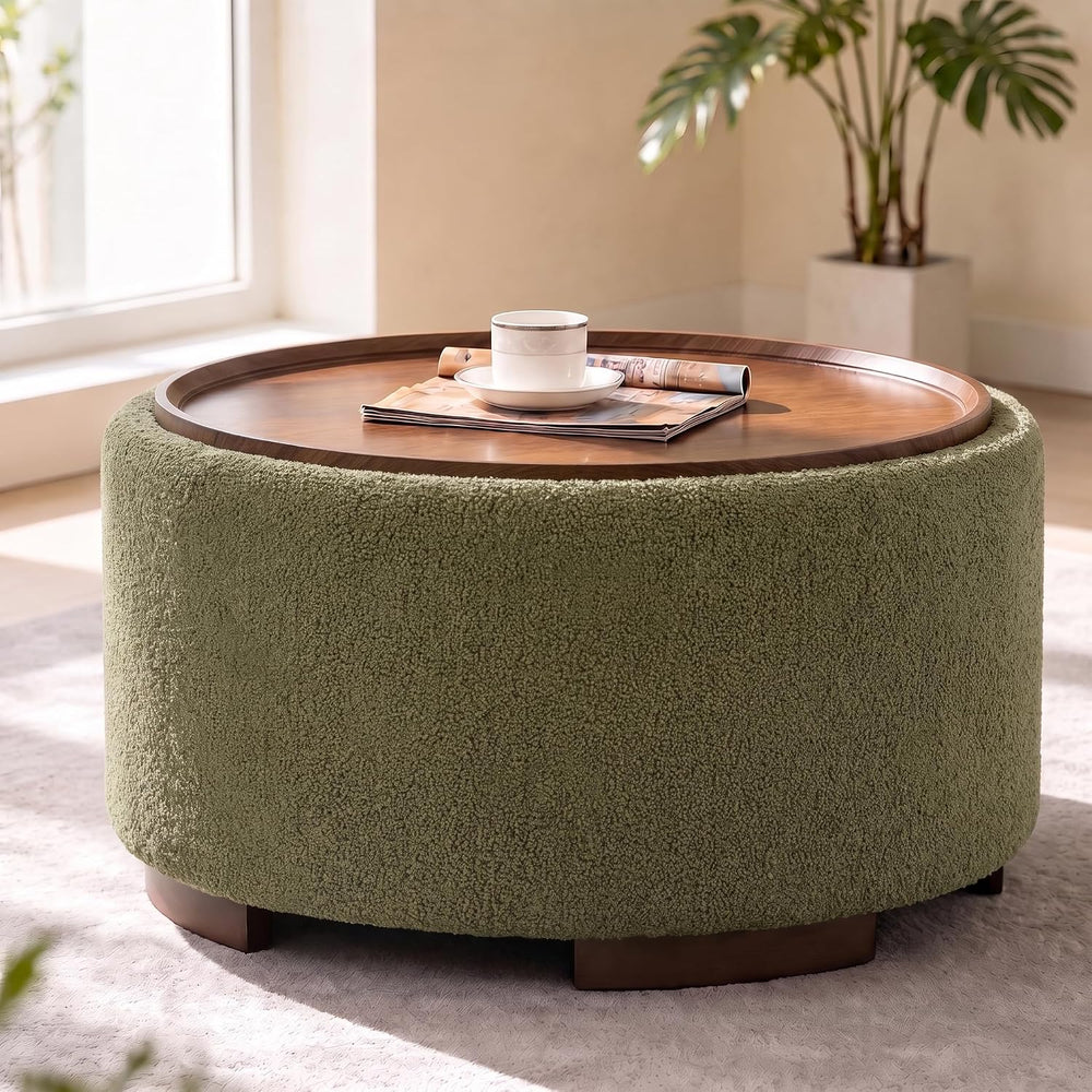 29.5 Inch Round Storage Ottoman Coffee Table, Green Teddy | Modern Circle Cof...
