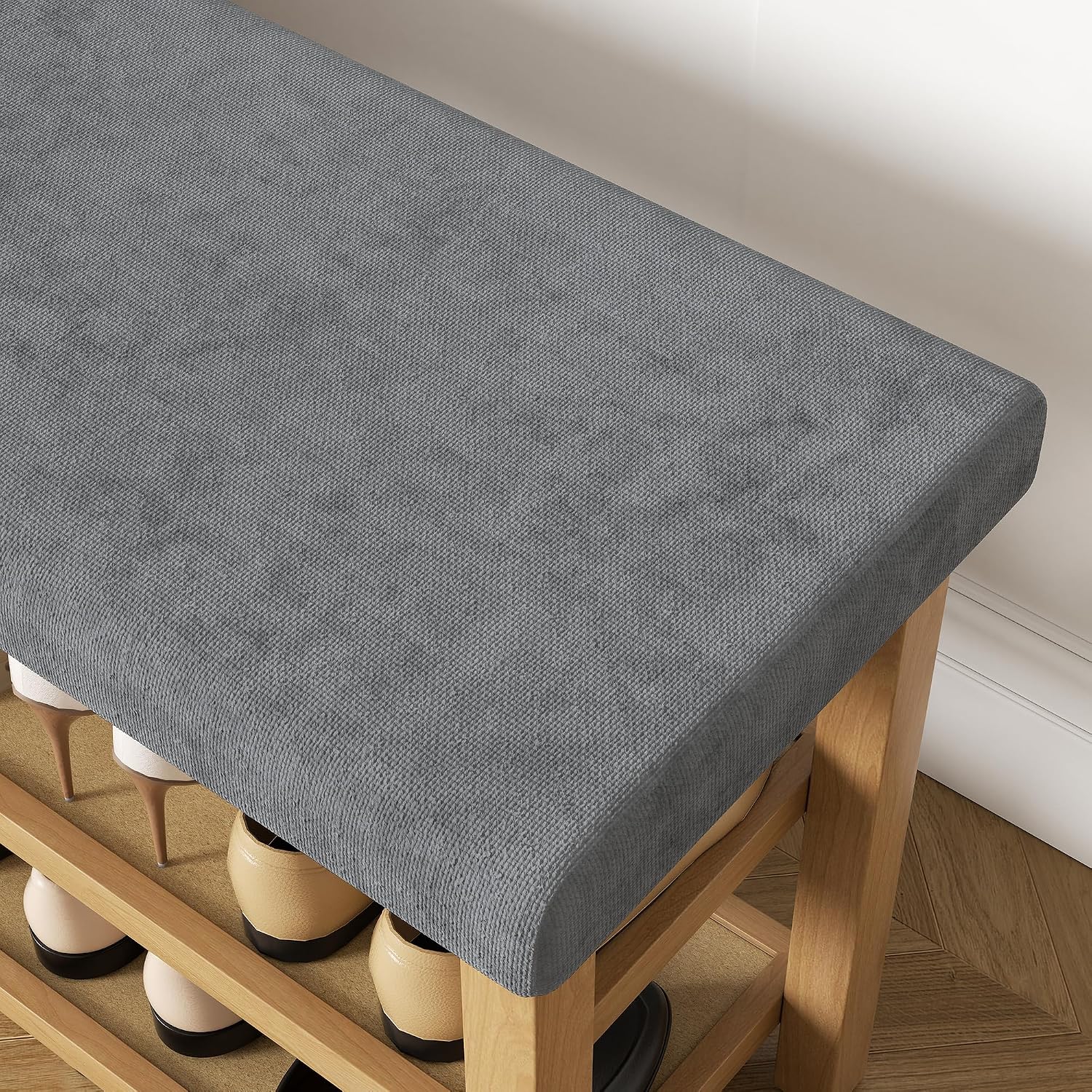 2 Tier Shoe Rack Bench with Cushion, Rubberwood Shoe Benches, Mid-Century Modern Shoe Storage Bench for Entryway, Hallway, Living Room, Closet, Front Door Entrance, Dark Grey