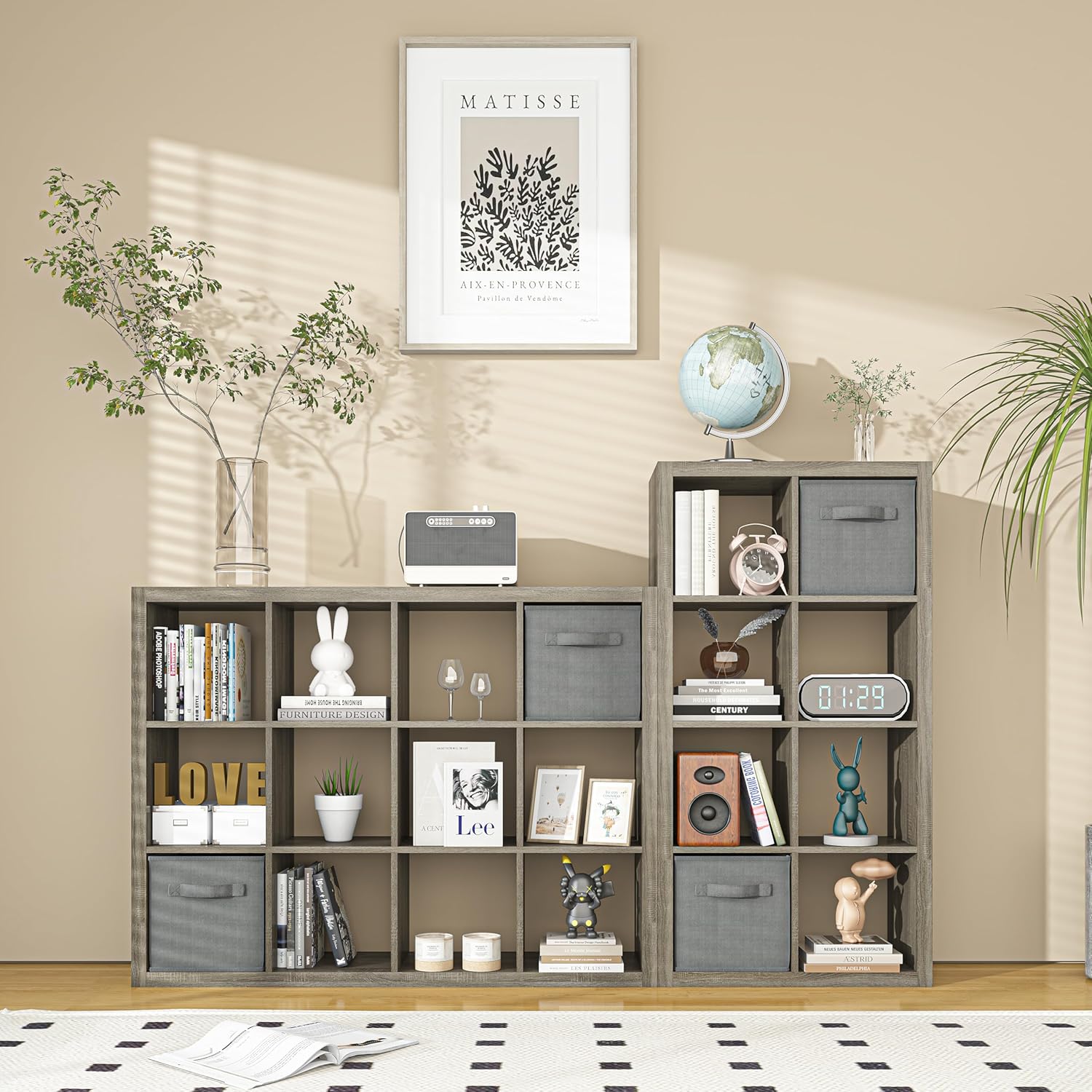 furtble Bookshelf with Storage Bin, 6-Cube Storage Organizer, Modern Wood Open Bookcase, Multifunctional Display Shelf for Living Room, Bedroom, Home Office, Gray Oak