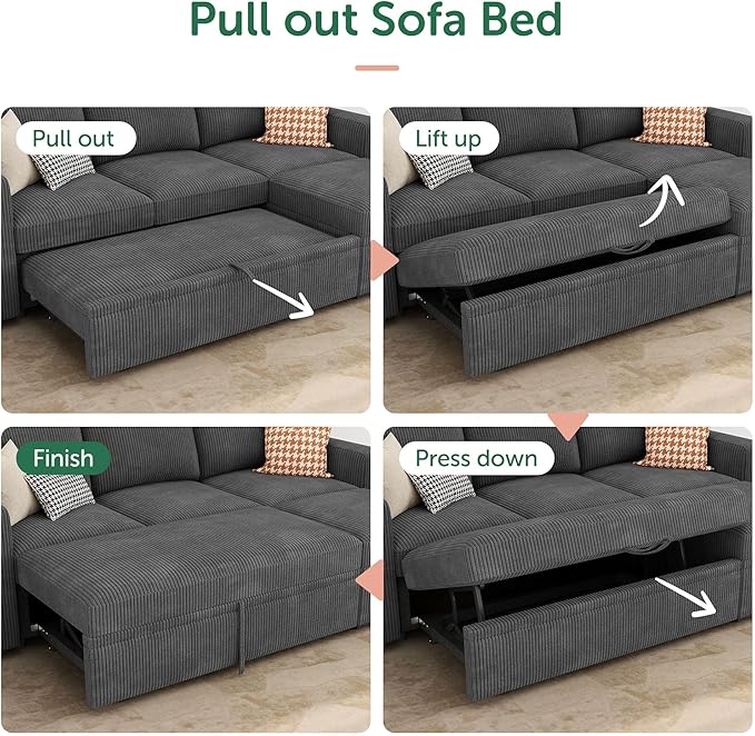 HONBAY Modular Sectional Sleeper Sofa with Pull Out Bed, L Shaped Sofa with Storage, Modular Sectional Couches for Living Room, Dark Grey