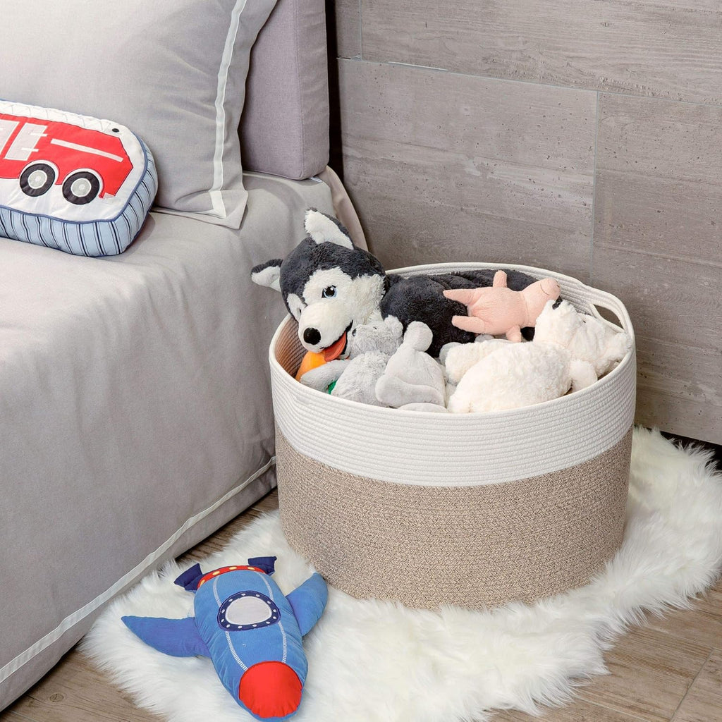MINTWOOD Design Extra Large 22 x14 Inches Decorative Woven Cotton Rope Blanket Storage Basket Bin Living Room and Laundry Hamper for Pillows, Pool Towels, Dog Toys, Shoes, Light Brown