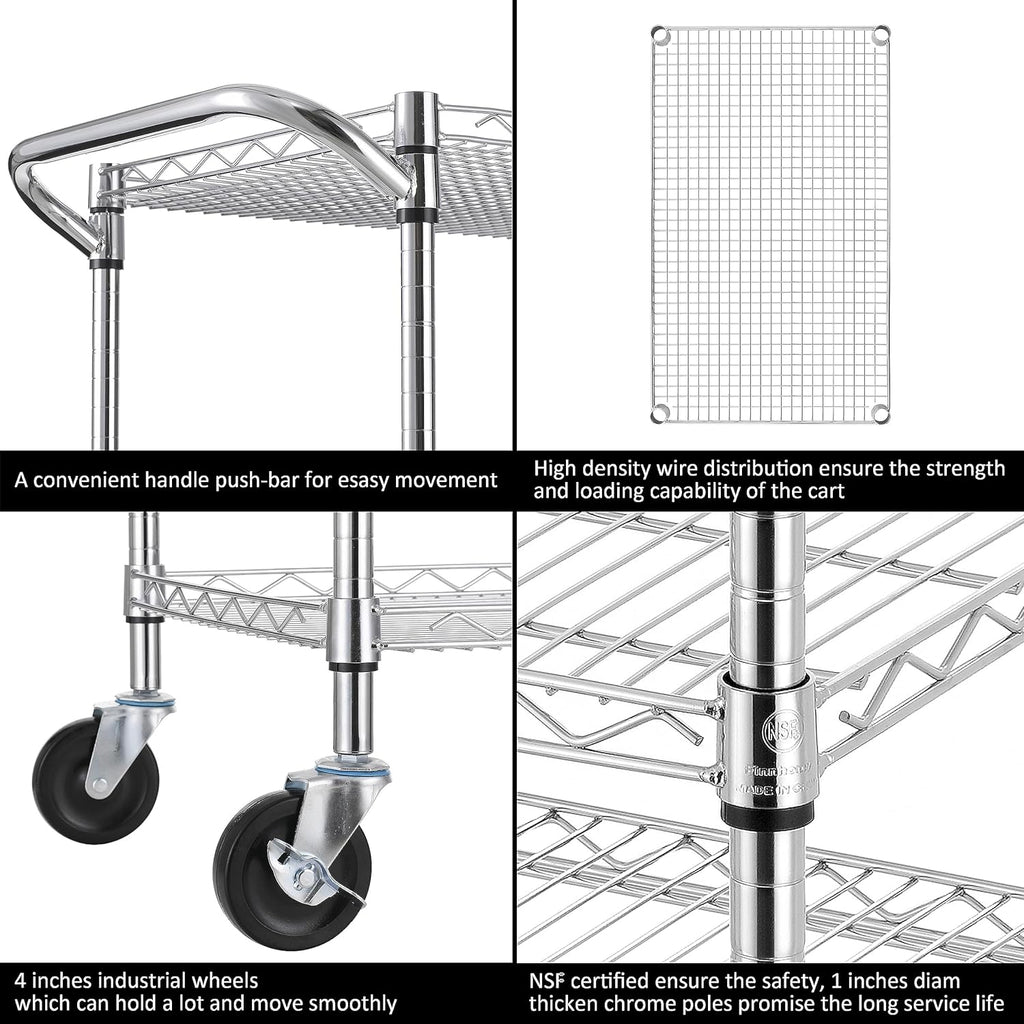 Finnhomy 3 Tier Heavy Duty Commercial Grade Utility Cart, Wire Rolling Cart with Pushing Handle Bar, Steel Metal Kitchen Service Trolly with Wheels, Shelf Size 18" D x 36" W, NSF, Chrome