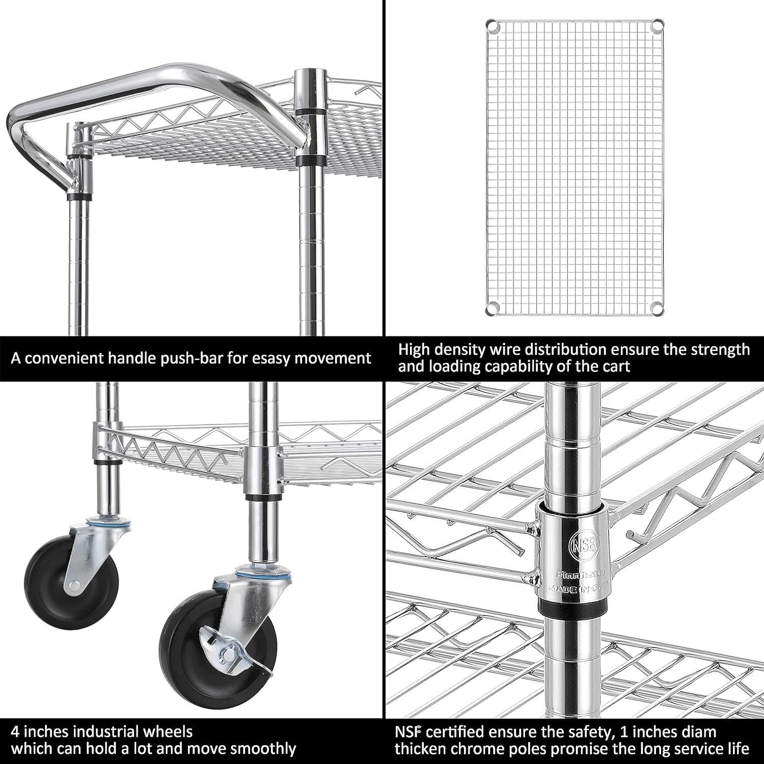 Finnhomy 3 Tier Heavy Duty Commercial Grade Utility Cart, Wire Rolling Cart with Pushing Handle Bar, Steel Metal Kitchen Service Trolly with Wheels, Shelf Size 18" D x 36" W, NSF, Chrome