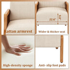 WENTMENT Modern Accent Chair, Armchair with Natural Rattan Armrest, Upholstered Living Room Chair Comfy Single Sofa Chair for Hosting Room/Bedroom,White