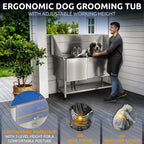 KANIS Professional Dog Washing Station - 304 Stainless Steel Pet Wash Sink & Grooming Bathtub w/Shower, Floor Grates and Storage for Large, Medium & Small Pets (61", Shelf - Left Ramp)