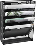 EASEPRES Desk File Organizer Mesh 6-Tier, Hanging Wall Mount Document Organization Stand, Desktop Vertical Mail Paper Folder Holder Rack with Bottom Tray for Office Home Cubicle, Sides Closed, Black